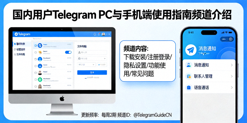 国内用户TelegramPC与手机端使用指南频道介绍，对比展示电脑端和手机端界面
