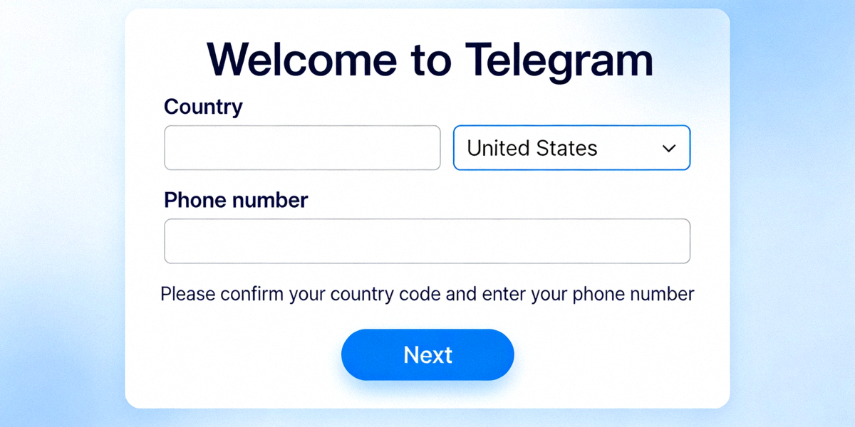 Telegram首次启动的英文界面，显示手机号验证步骤