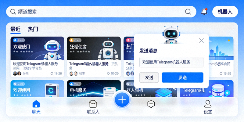 Telegram汉化后高级功能如频道搜索与机器人使用界面展示