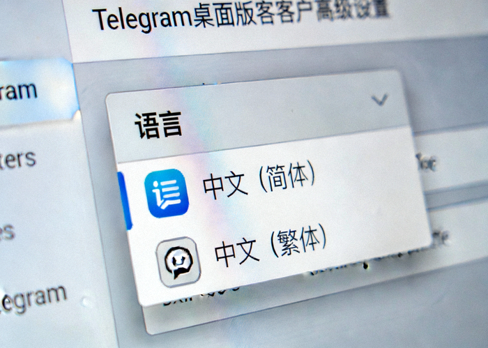 Telegram桌面版客户端高级设置中的语言选择菜单截图，显示中文选项